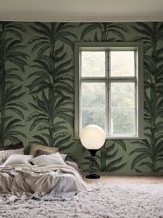 Wallpaper printed on demand, fully custom fit to your wall. Shown here in a fresh green palette with palms on a light green background.