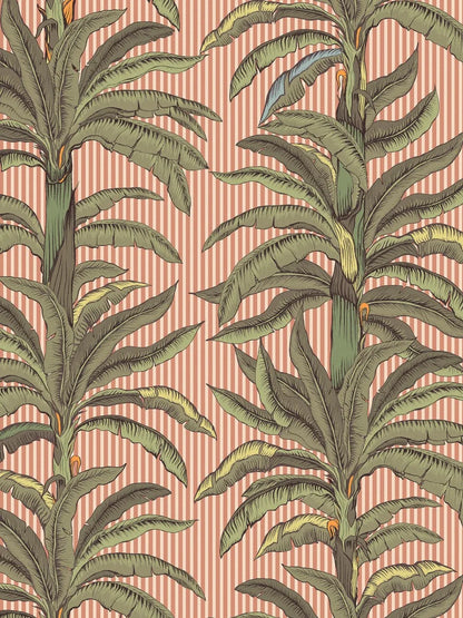 Wallpaper printed custom fit on demand in multiple colorways. Here, green palms stand out against a warm apricot-pink background.