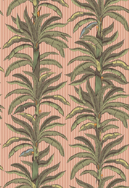 Wallpaper printed custom fit on demand in multiple colorways. Here, green palms stand out against a warm apricot-pink background.