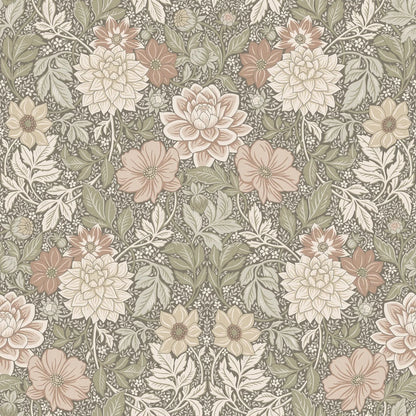 This wallpaper is a tribute to the lush late-summer flowerbed – a hand-painted design of magnificent dahlias and delicate foliage.&nbsp;