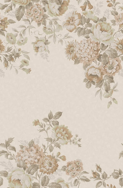 Hortensia Grand is a magnificent mural wallpaper where hydrangea, dahlia, and rose intertwine in a hand-painted pattern.