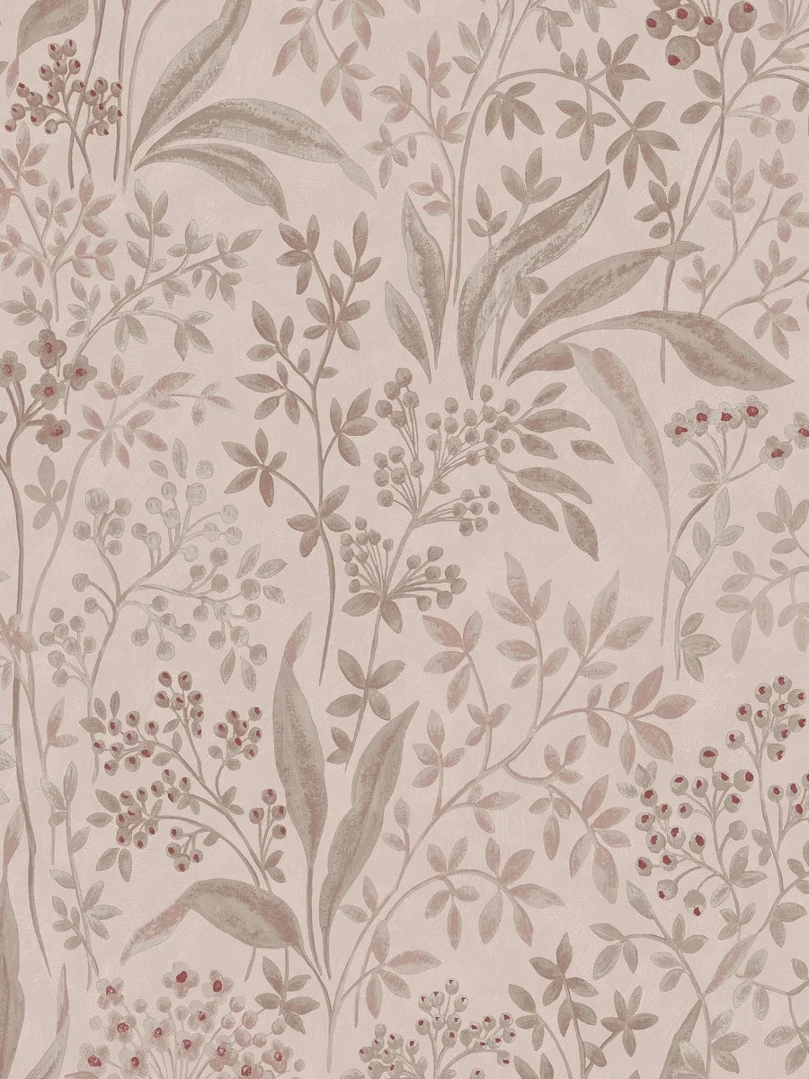 Nocturne Grand is a mural wallpaper featuring winding leaves, small flowers, and seed pods – a large-scale pattern softened by the chalk-like surface of the background. 