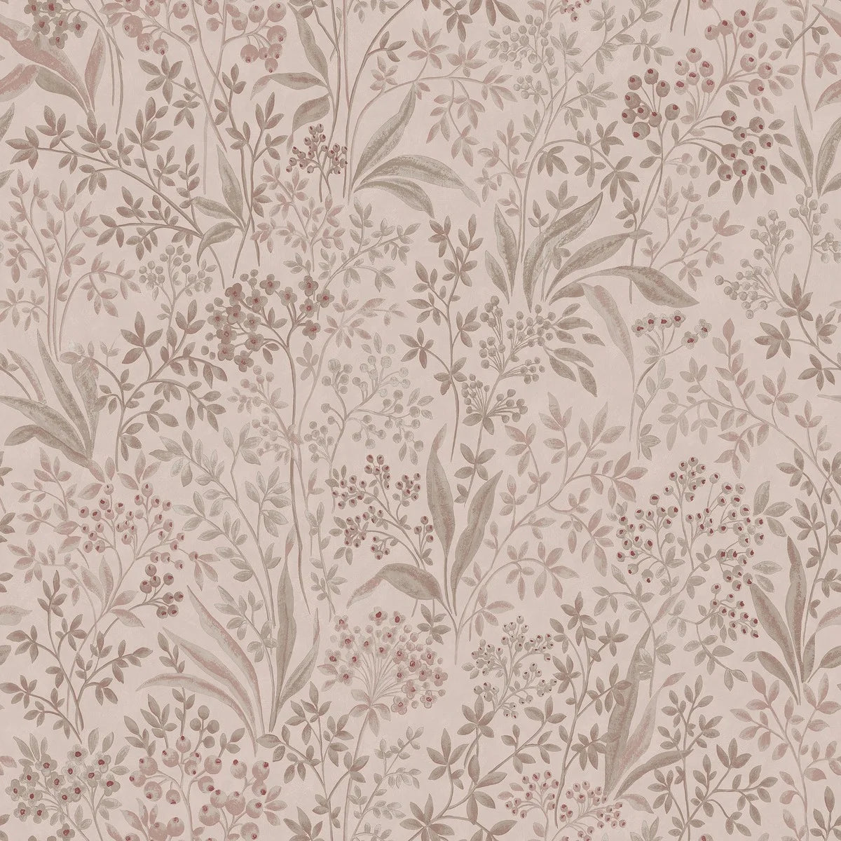 Nocturne Grand is a mural wallpaper featuring winding leaves, small flowers, and seed pods – a large-scale pattern softened by the chalk-like surface of the background. 