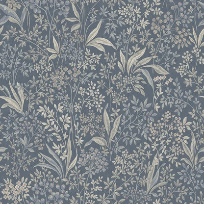 Nocturne Grand is a mural wallpaper featuring winding leaves, small flowers, and seed pods – a large-scale pattern softened by the chalk-like surface of the background. 