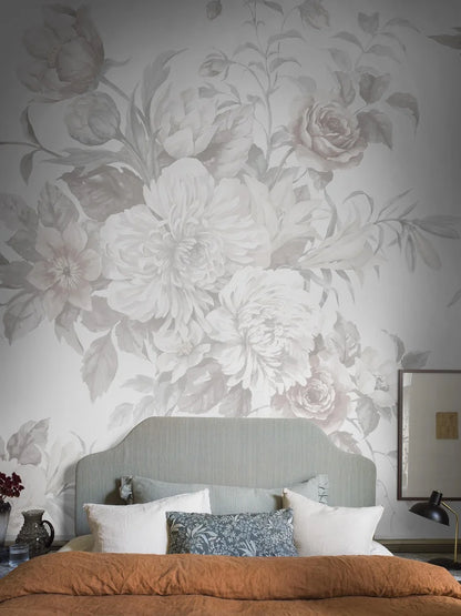Experience the romantic, large-flowered Floral Charm wallpaper as a mural. 