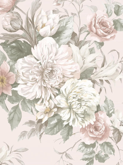 Experience the romantic, large-flowered Floral Charm wallpaper as a mural. 