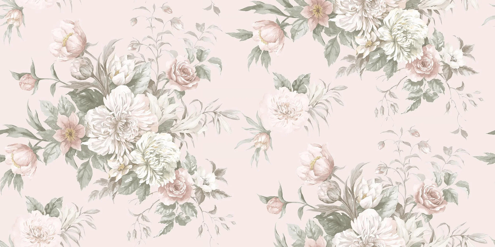 Experience the romantic, large-flowered Floral Charm wallpaper as a mural. 
