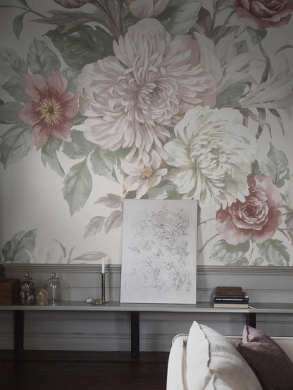 Experience the romantic, large-flowered Floral Charm wallpaper as a mural