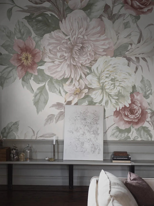 Experience the romantic, large-flowered Floral Charm wallpaper as a mural
