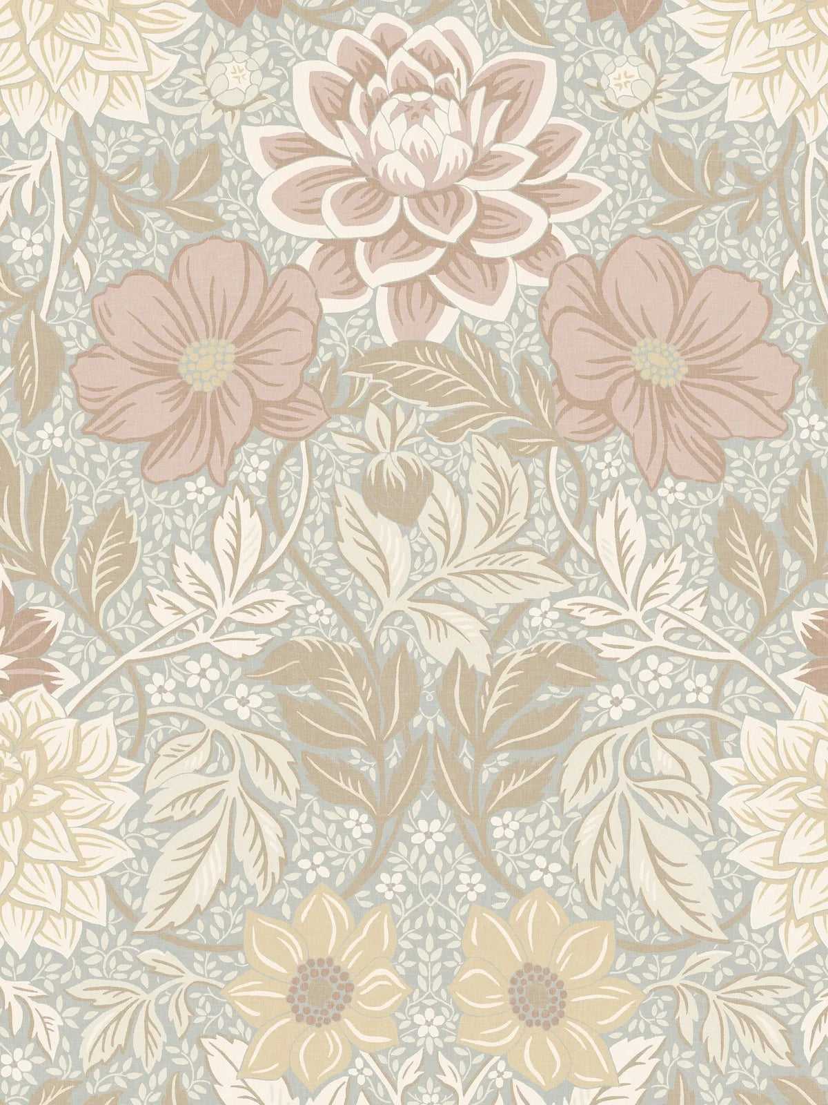 The large-scale Dahlia Garden Grand wallpaper is an enlarged reprint of our modern classic, Dahlia Garden. The hand-painted floral ornament feels warm and harmonious