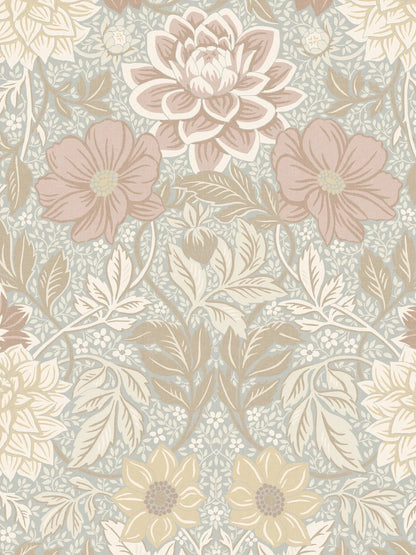 The large-scale Dahlia Garden Grand wallpaper is an enlarged reprint of our modern classic, Dahlia Garden. The hand-painted floral ornament feels warm and harmonious