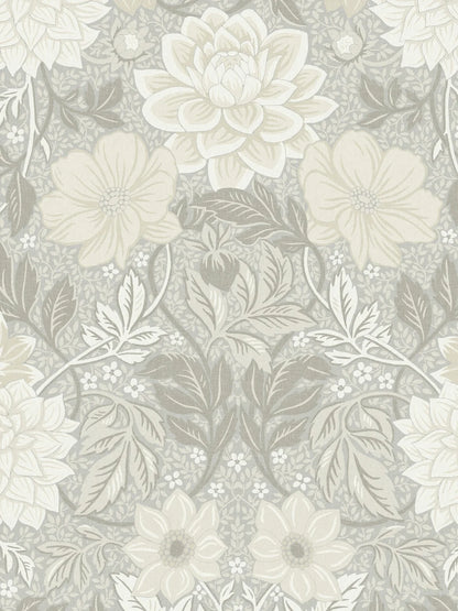 Dahlia Garden Grand wallpaper mural features an Arts &amp; Crafts-inspired pattern with lush dahlias and cosmos surrounded by delicate foliage.