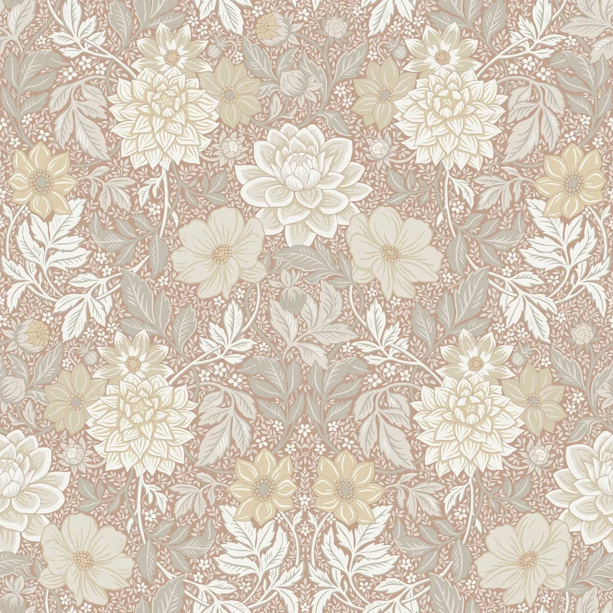 Dahlia Garden Grand is an enlarged digital reprint of our floral Dahlia Garden wallpaper. The luxuriant, hand-painted Arts &Crafts motif gets full room to shine on a truly large surface!