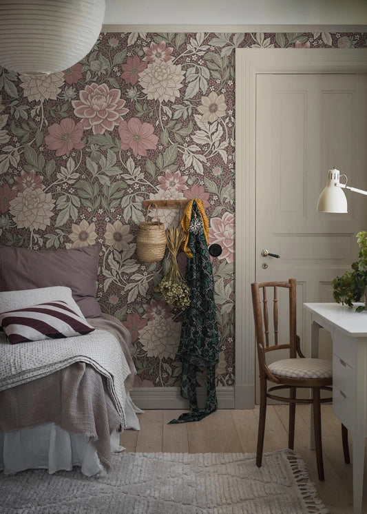 With the Dahlia Garden Grand wallpaper mural, you can dress your room in a winding sea of lush flowers!
