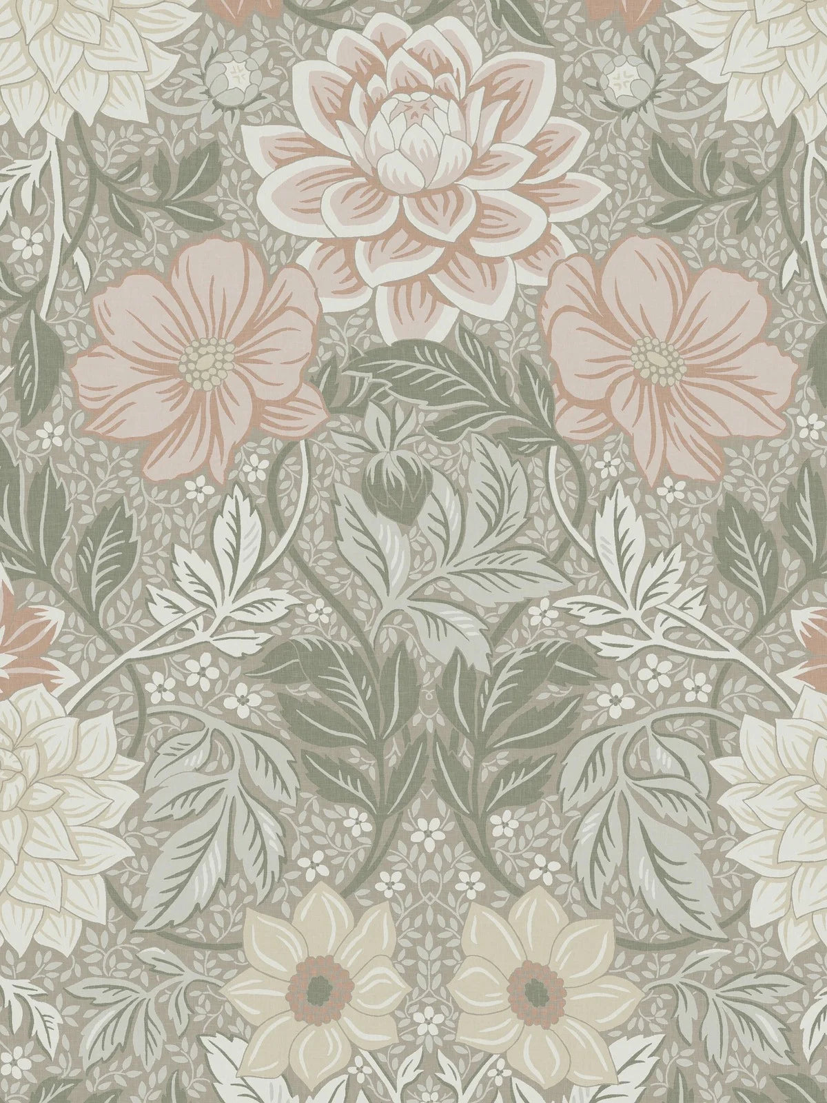 Here, Dahlia Garden Grand wallpaper mural comes in a muted palette of rose red, pale yellow, and gray-green on a beige background.
