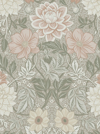 Here, Dahlia Garden Grand wallpaper mural comes in a muted palette of rose red, pale yellow, and gray-green on a beige background.
