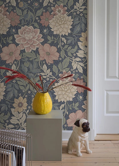 Dahlia Garden Grand is a truly large-scale floral wallpaper that sets the tone for any room! A hand-painted, Arts &Crafts-inspired pattern 