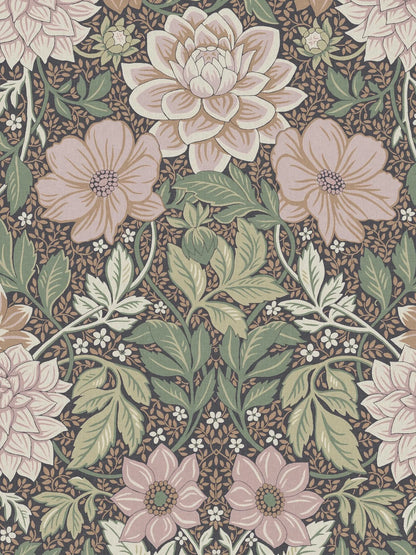 Dahlia Garden Grand mural Wallpaper's color palette is warm, soft, and inviting: pink, cream, light terracotta, and warm green shades on a dark background. The wallpaper is custom fit to your wall.