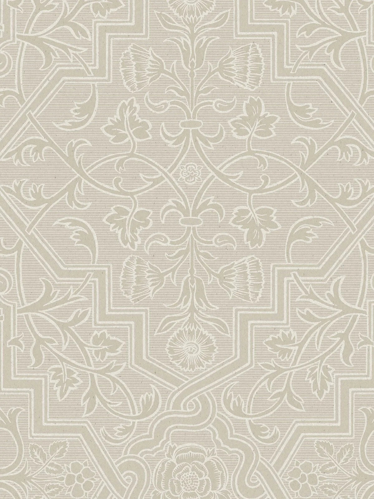 Here you see the delicate floral ornaments of Rosenvinge Grand in a light, neutral palette with white flowers and leafy vines against a light grey-brown background