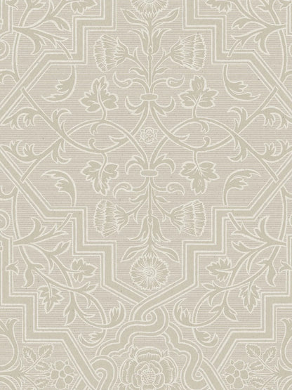 Here you see the delicate floral ornaments of Rosenvinge Grand in a light, neutral palette with white flowers and leafy vines against a light grey-brown background