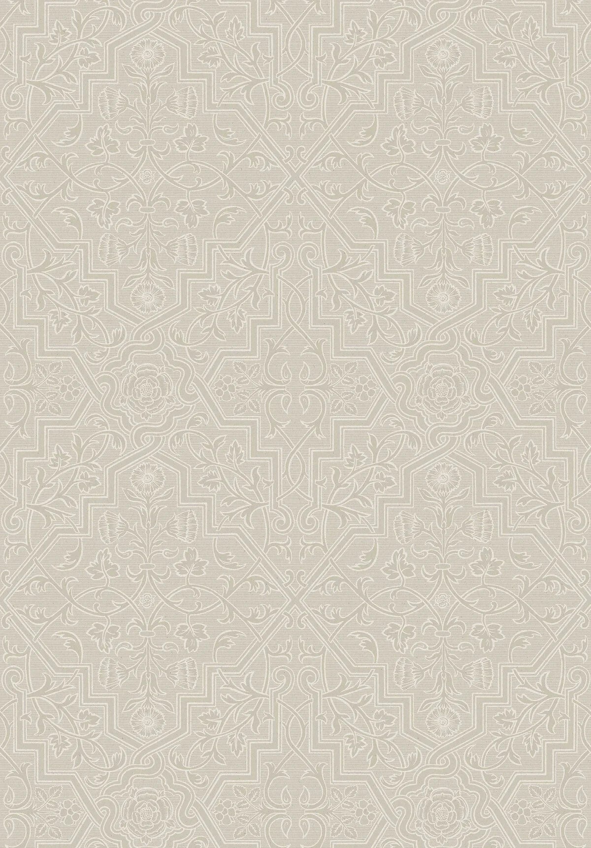 Here you see the delicate floral ornaments of Rosenvinge Grand in a light, neutral palette with white flowers and leafy vines against a light grey-brown background