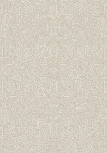 Here you see the delicate floral ornaments of Rosenvinge Grand in a light, neutral palette with white flowers and leafy vines against a light grey-brown background