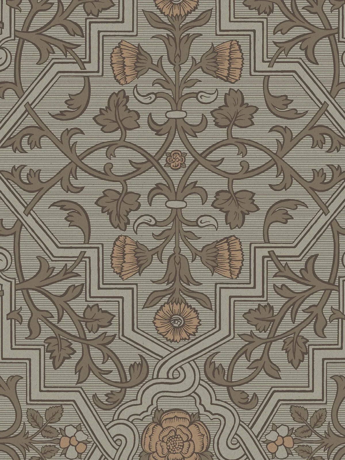 Rosenvinge Grand Wallpaper mural here unfolds in a soft, natural color scheme with details in green and apricot on a light grey-green background.