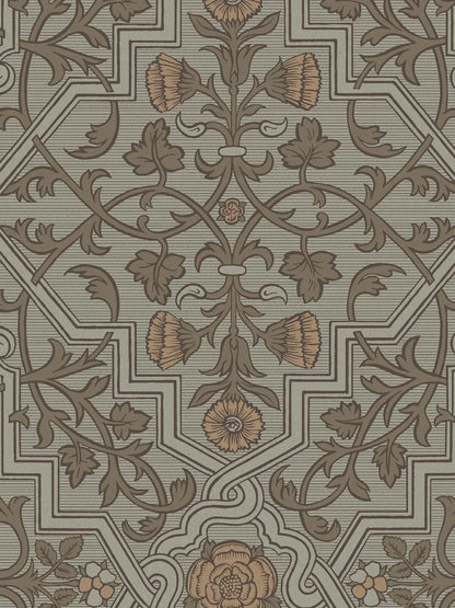 Rosenvinge Grand Wallpaper mural here unfolds in a soft, natural color scheme with details in green and apricot on a light grey-green background.