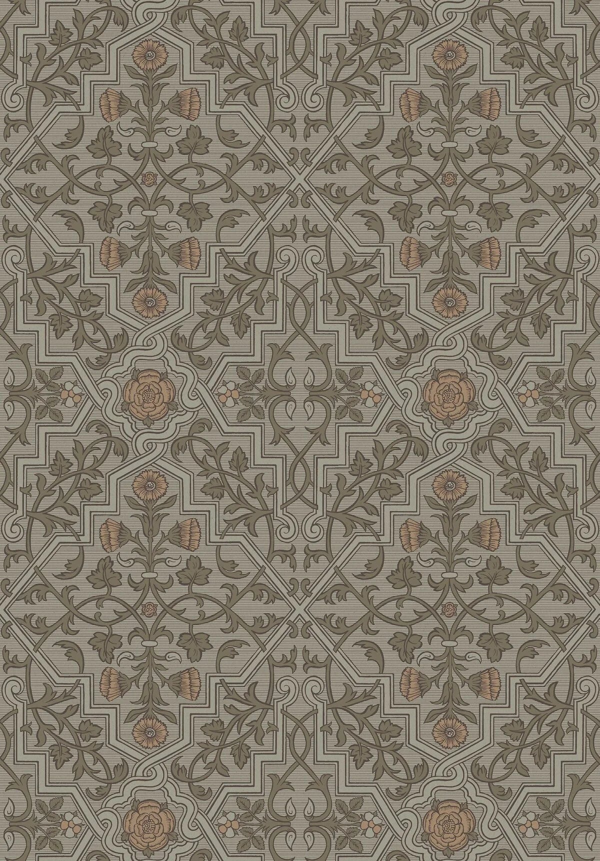 Rosenvinge Grand Wallpaper mural here unfolds in a soft, natural color scheme with details in green and apricot on a light grey-green background.