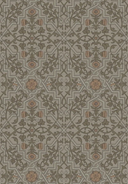 Rosenvinge Grand Wallpaper mural here unfolds in a soft, natural color scheme with details in green and apricot on a light grey-green background.