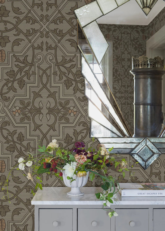 Rosenvinge Grand Wallpaper mural here unfolds in a soft, natural color scheme with details in green and apricot on a light grey-green background.