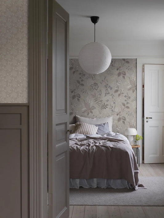 Folklore Grand is an enlarged digital print of the rustic 1950s Folklore wallpaper. The charming, hand-painted pattern takes on a bolder character in its new, larger scale.