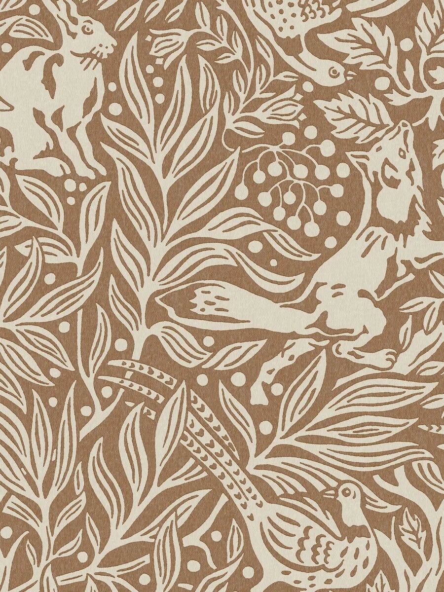 This is an enlarged digital reprint of the Under the Elder Tree wallpaper. Here, the wallpaper has a warm reddish-brown background with light gray-beige details.