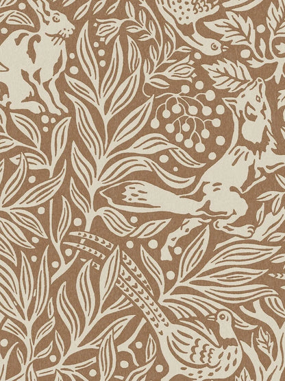 This is an enlarged digital reprint of the Under the Elder Tree wallpaper. Here, the wallpaper has a warm reddish-brown background with light gray-beige details.