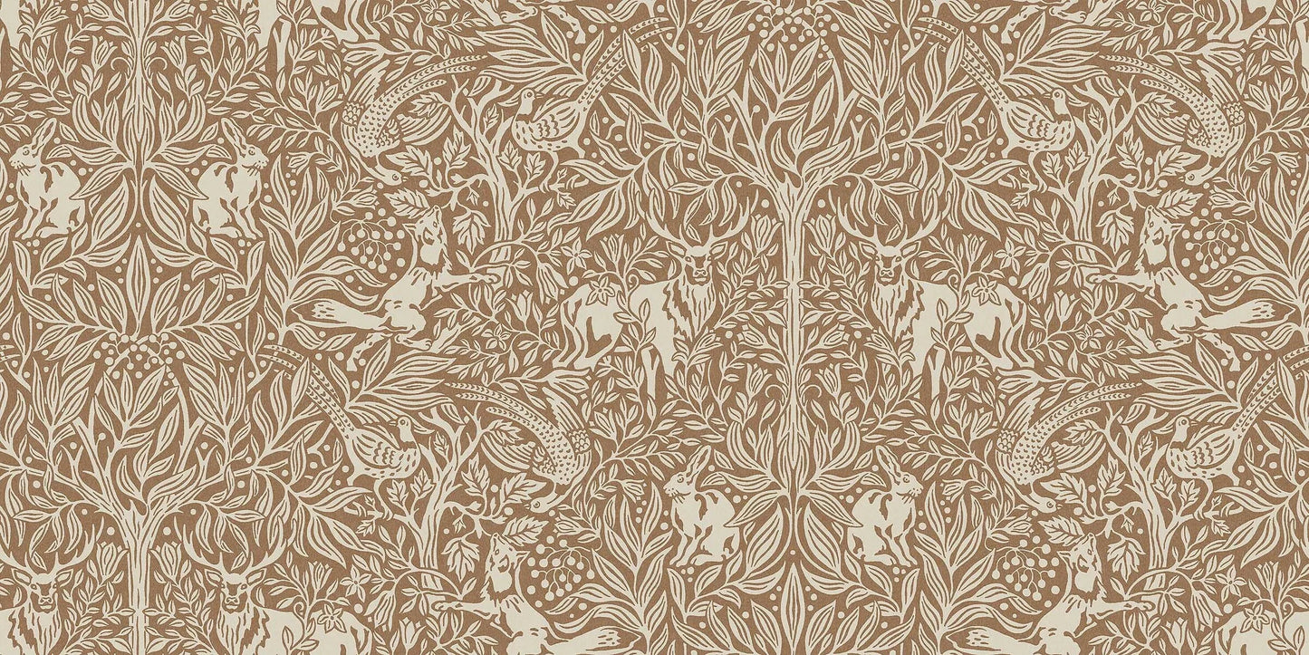 This is an enlarged digital reprint of the Under the Elder Tree wallpaper. Here, the wallpaper has a warm reddish-brown background with light gray-beige details.