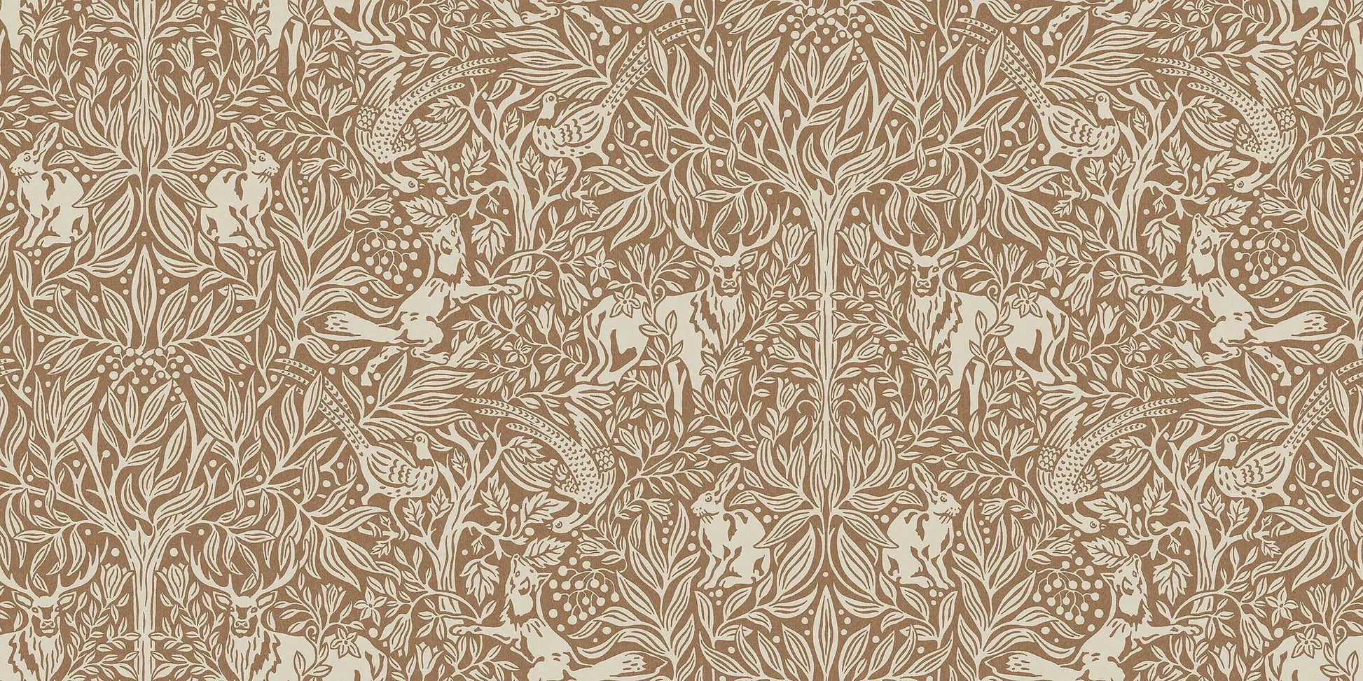 This is an enlarged digital reprint of the Under the Elder Tree wallpaper. Here, the wallpaper has a warm reddish-brown background with light gray-beige details.