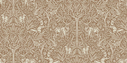 This is an enlarged digital reprint of the Under the Elder Tree wallpaper. Here, the wallpaper has a warm reddish-brown background with light gray-beige details.