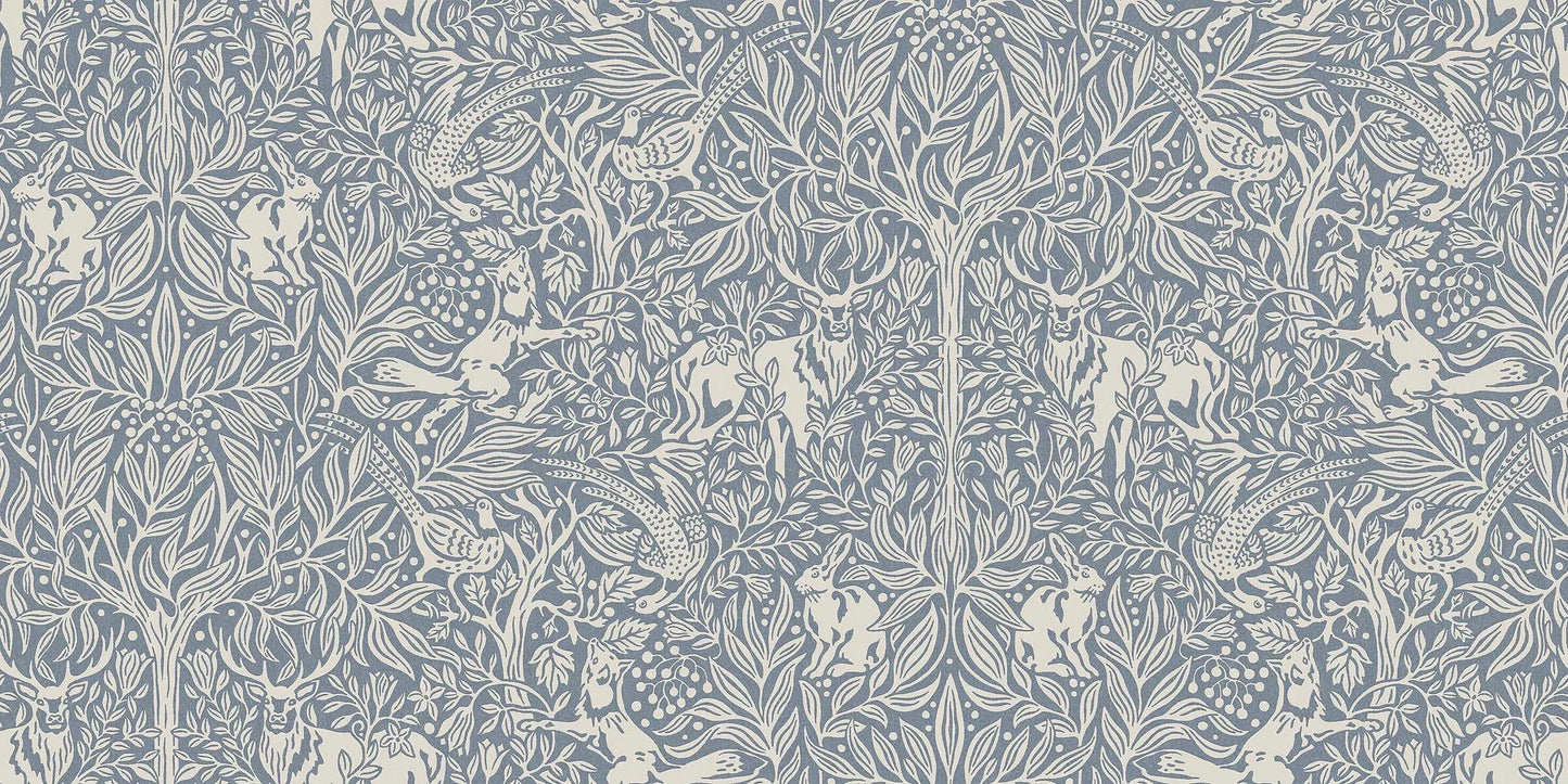 Here, Under the Elder Tree Grand comes in a gray-blue shade with light gray-beige details. The wallpaper is custom fit to your wall.