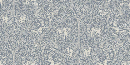 Here, Under the Elder Tree Grand comes in a gray-blue shade with light gray-beige details. The wallpaper is custom fit to your wall.