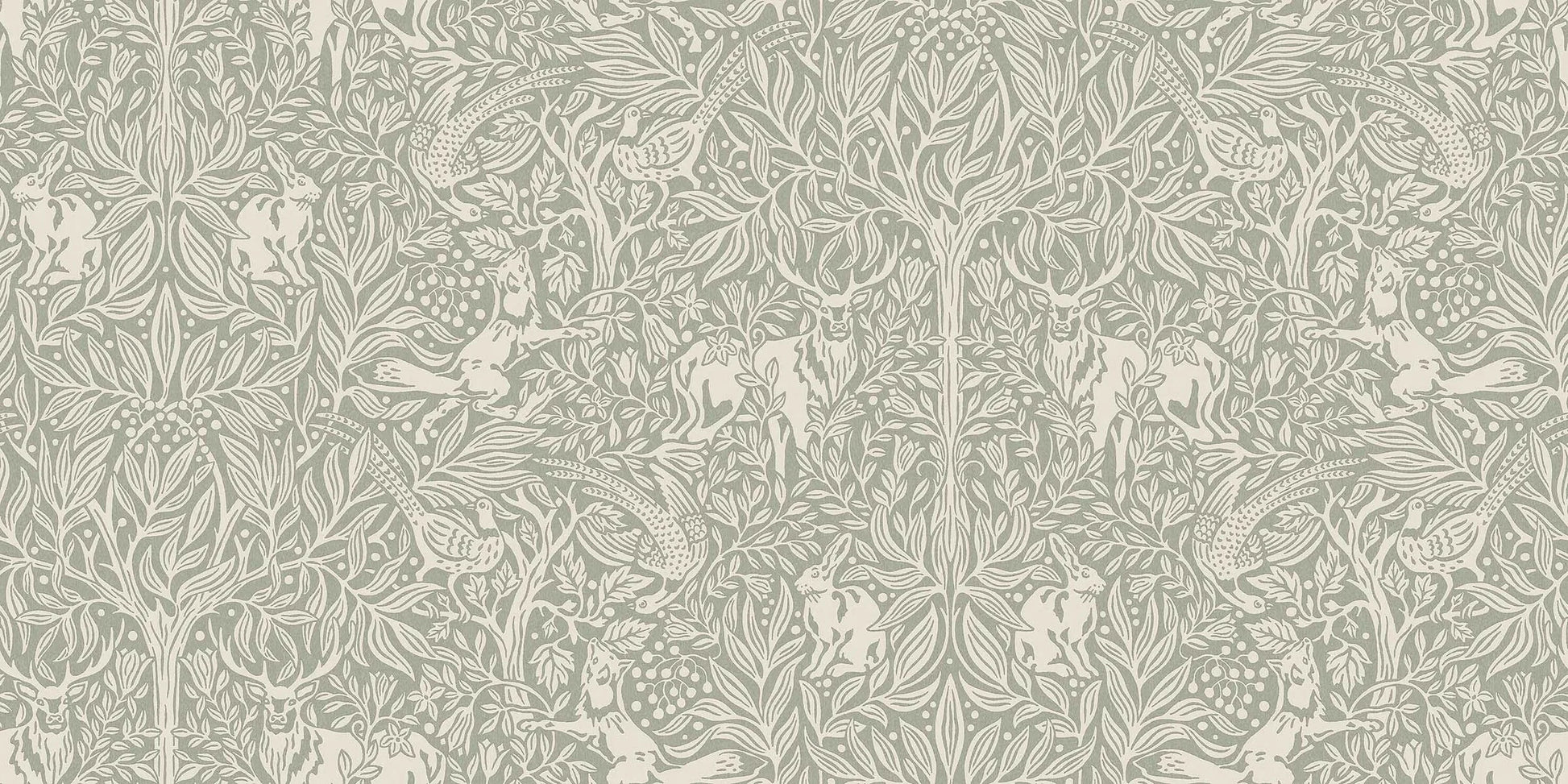  Under the Elder Tree Grand is a boldly patterned wallpaper, covered in lush foliage filled with playful animals. 