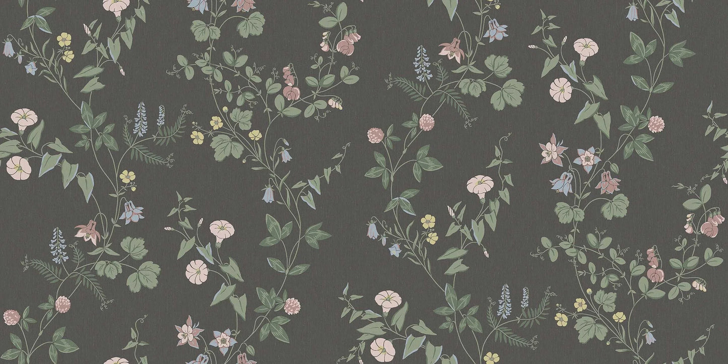 The dark, floral Midsummer Eve Grand wallpaper is an enlarged digital reprint of our hand-painted design of the same name.