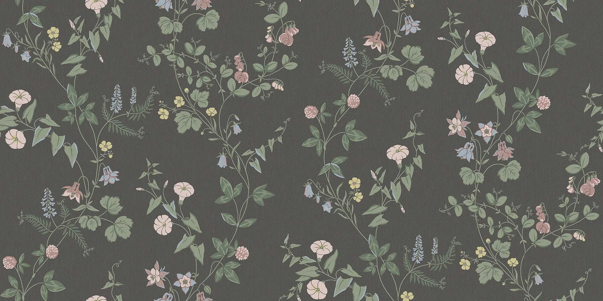 The dark, floral Midsummer Eve Grand wallpaper is an enlarged digital reprint of our hand-painted design of the same name.