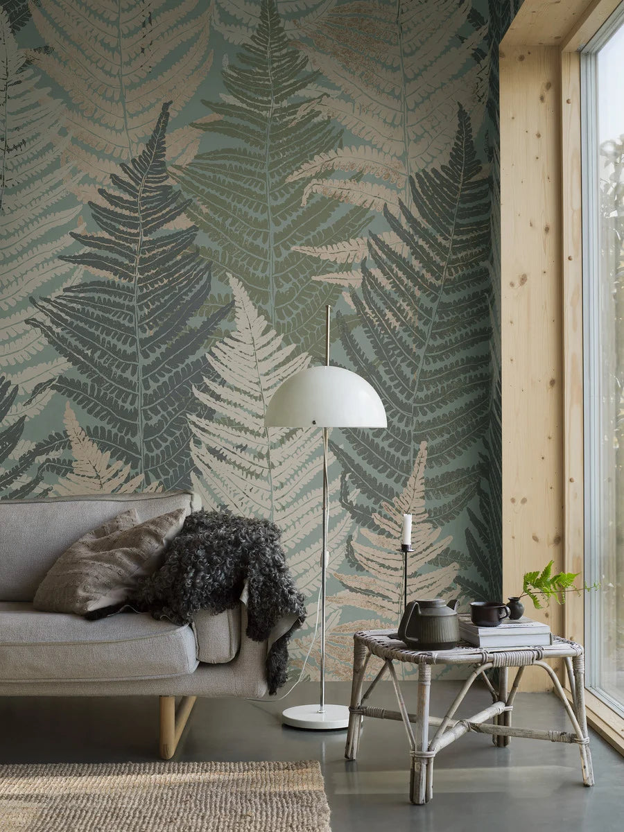 Fern Forest Grand is a large-scale mural featuring layers of stylized fern leaves – an enlarged digital print of the Fern Forest wallpaper.