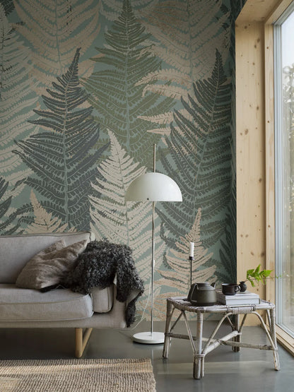 Fern Forest Grand is a large-scale mural featuring layers of stylized fern leaves – an enlarged digital print of the Fern Forest wallpaper.