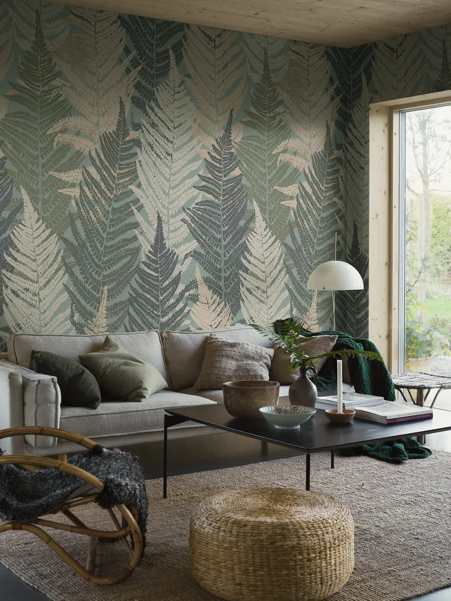 Fern Forest Grand is a large-scale mural featuring layers of stylized fern leaves – an enlarged digital print of the Fern Forest wallpaper.