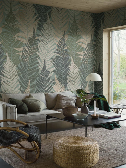 Fern Forest Grand is a large-scale mural featuring layers of stylized fern leaves – an enlarged digital print of the Fern Forest wallpaper.