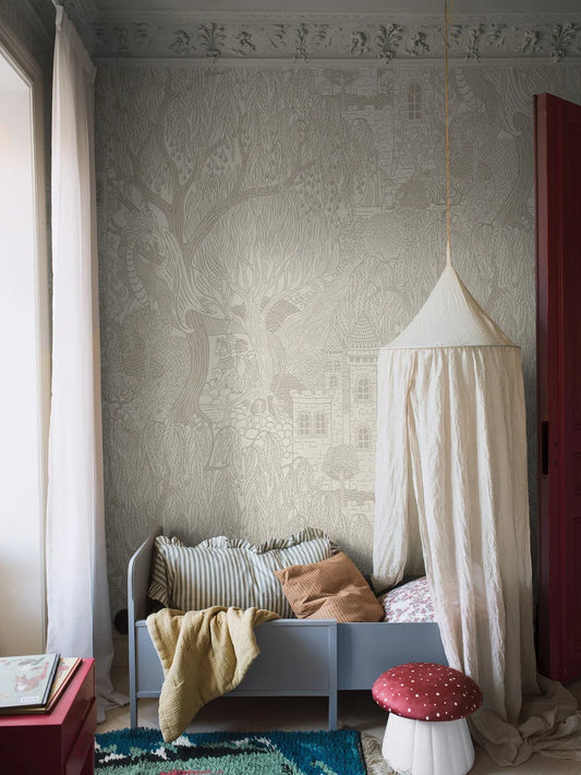 On the bright Kingdom of the Willow Grand wallpaper, castle towers stretch high into the crowns of the willows.