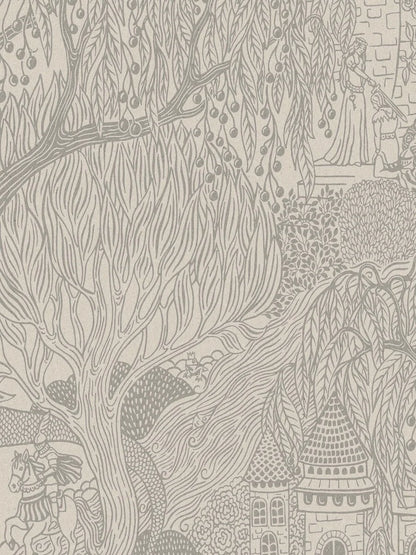 Kingdom of the Willow Grand is an enlarged digital print of a magical, hand-drawn children’s wallpaper, here in grey on a natural-colored base.