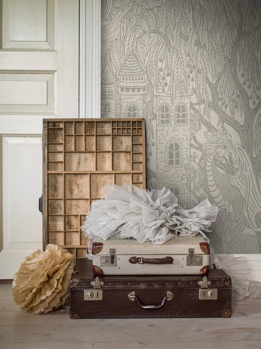 Kingdom of the Willow Grand is an enlarged digital print of a magical, hand-drawn children’s wallpaper, here in grey on a natural-colored base.