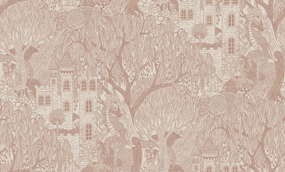 Sculptural willows and stately castles in large scale decorate the Kingdom of the Willow Grand wallpaper.